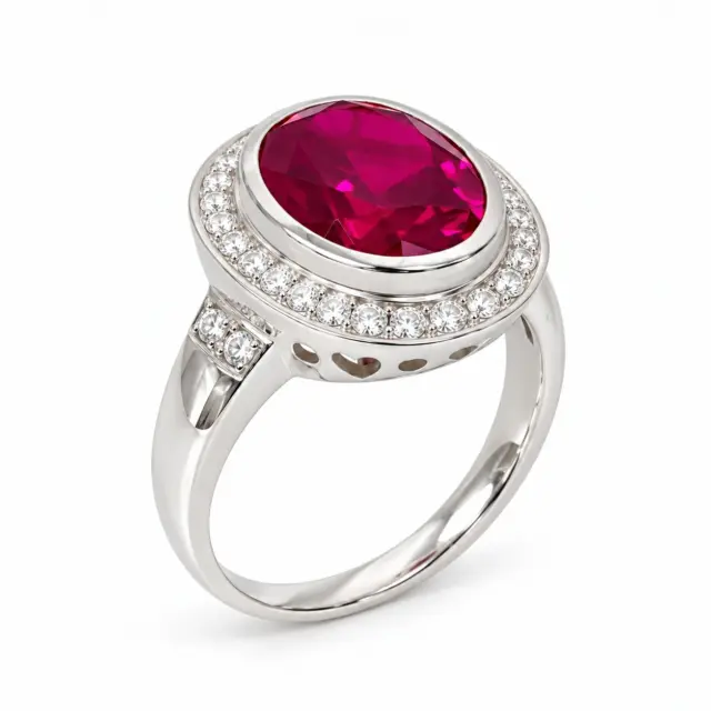 Sterling Silver 10mm x 13mm Ocal Cut Bezel Set Red CZ and Halo CZ Setting Ladies Dress Ring