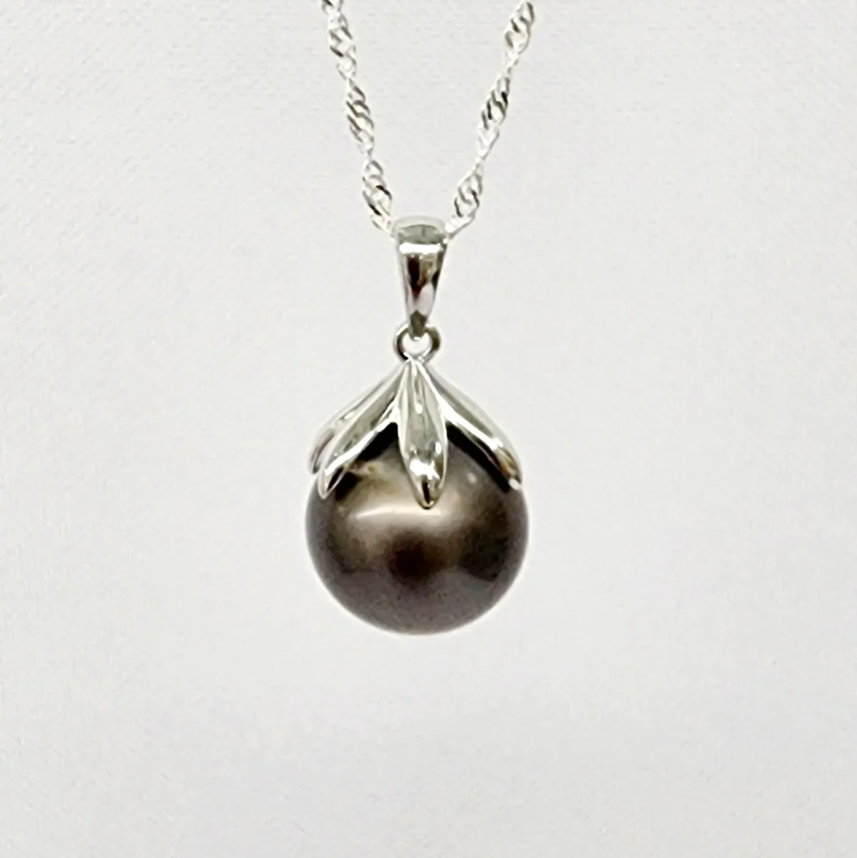 Sterling Silver 12.00mm Round Cook Island Black Pearl Pendant with Sterling Silver 6 Claw Cap