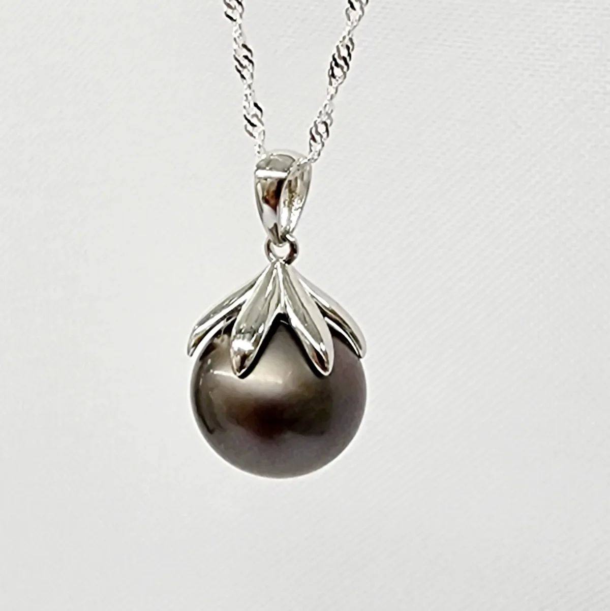 Sterling Silver 12.00mm Round Cook Island Black Pearl Pendant with Sterling Silver 6 Claw Cap