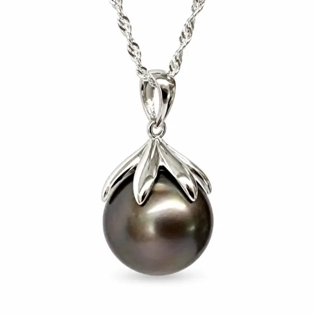 Sterling Silver 12.00mm Round Cook Island Black Pearl Pendant with Sterling Silver 6 Claw Cap