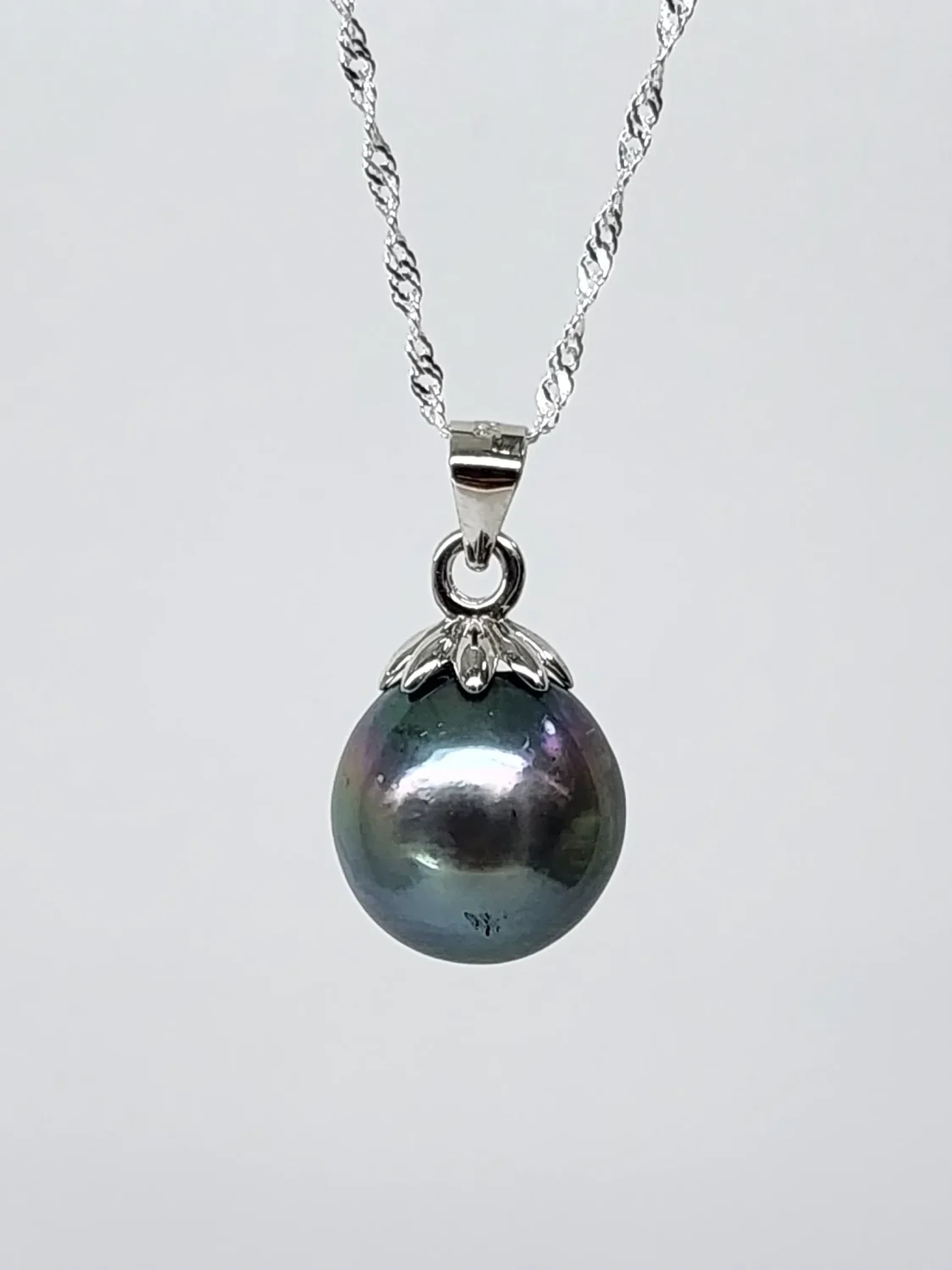 Sterling Silver 12-13mm Round Tahitian Green/Black Pearl Pendant with Sterling Silver Cap - SSTD02