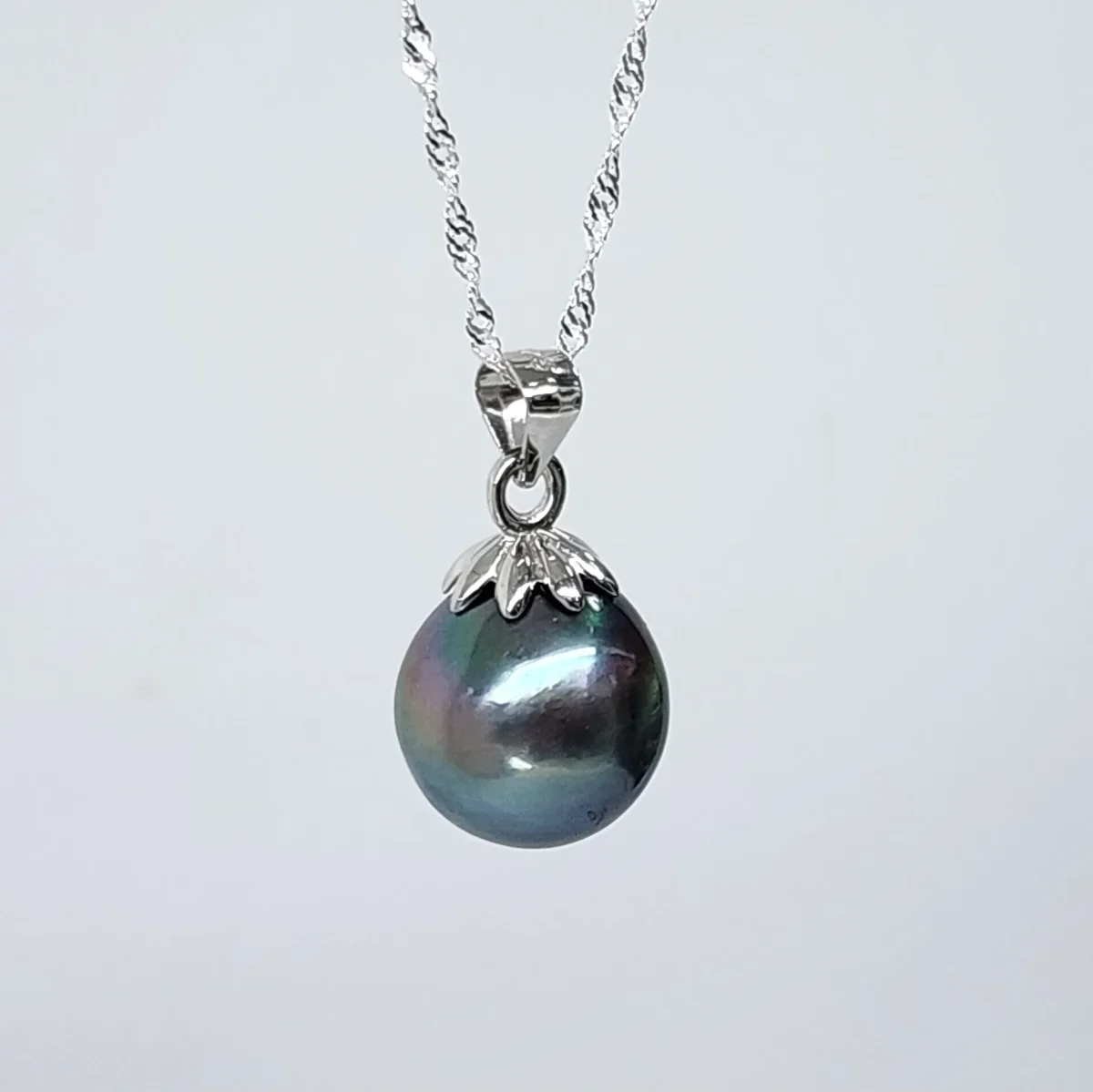 Sterling Silver 12-13mm Round Tahitian Green/Black Pearl Pendant with Sterling Silver Cap - SSTD02