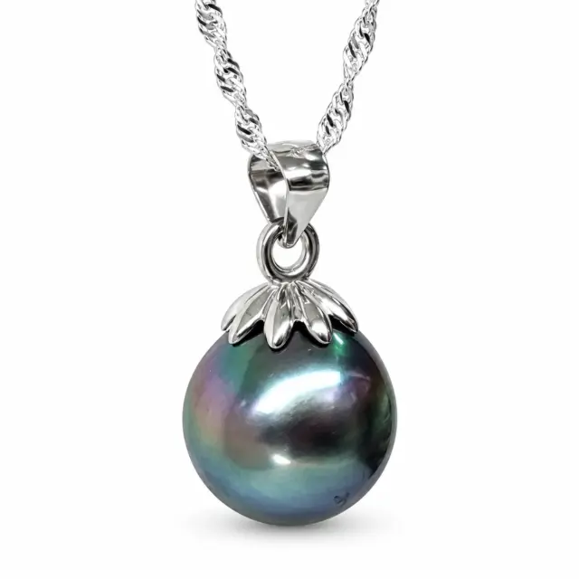 Sterling Silver 12-13mm Round Tahitian Green/Black Pearl Pendant with Sterling Silver Cap - SSTD02