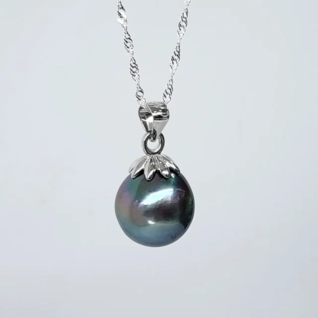 Sterling Silver 12-13mm Round Tahitian Green/Black Pearl Pendant with Sterling Silver Cap - SSTD02