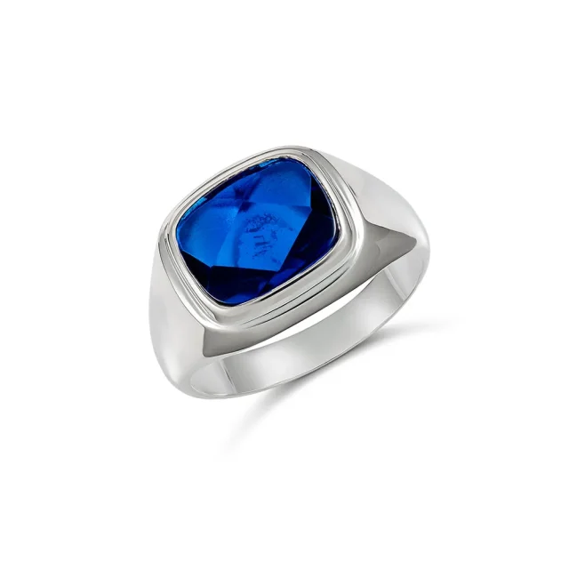 Sterling Silver 12 x 10mm Cushion Synthetic Blue Stone (Blue Spinel) Gents Ring