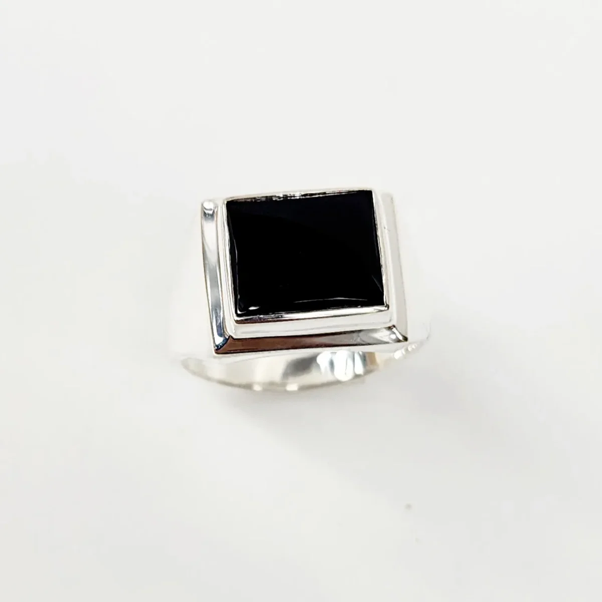 Sterling Silver 12 x 10mm Rectangle Black Onyx Gents Ring