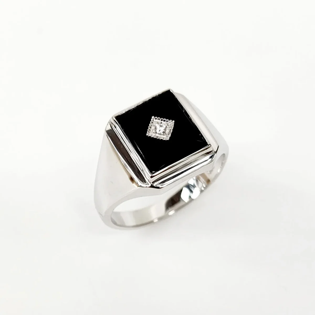 Sterling Silver 12 x 10mm Rectangle Black Onyx Gents Ring Centre Set with Cubic Zirconia
