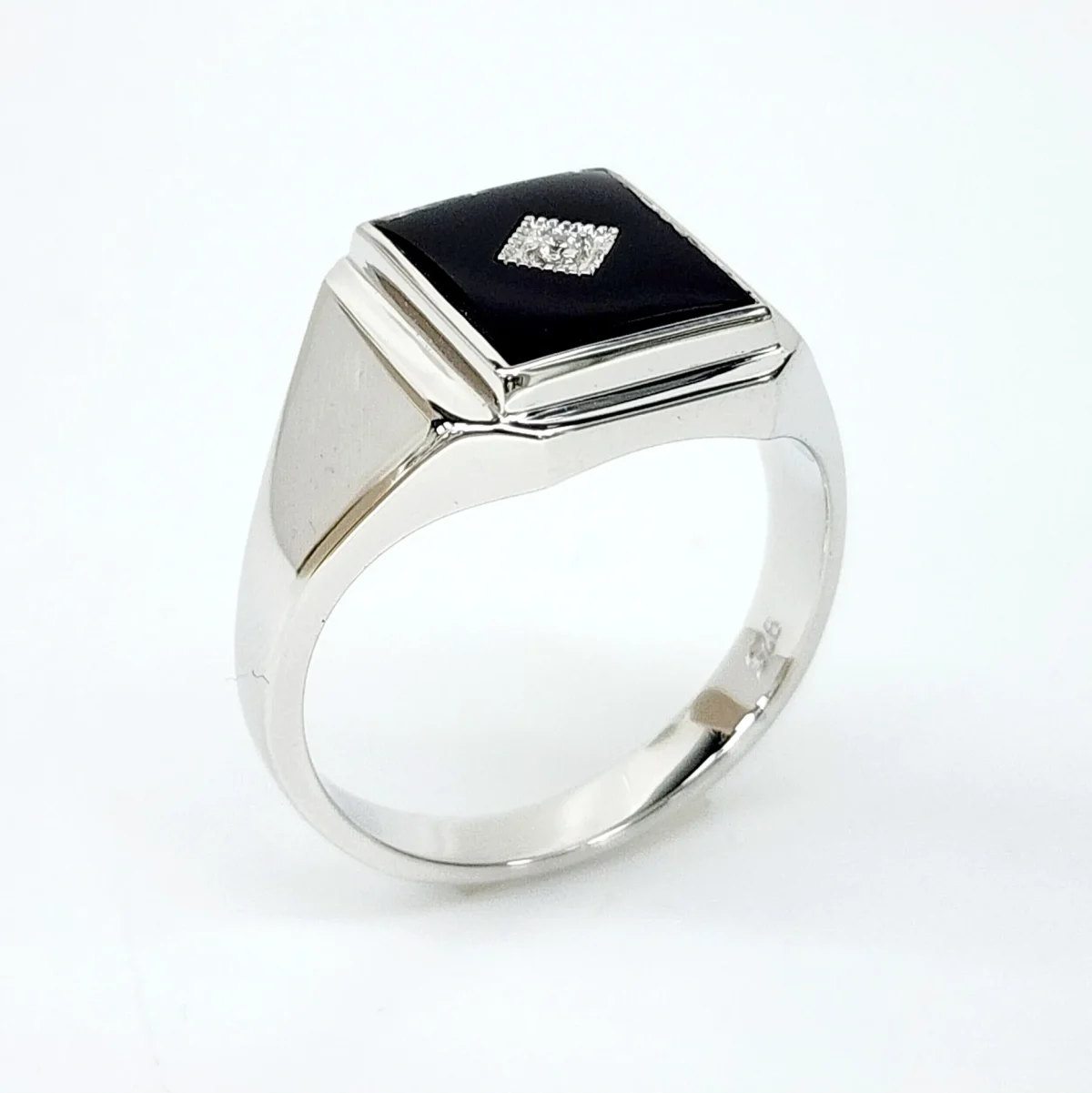 Sterling Silver 12 x 10mm Rectangle Black Onyx Gents Ring Centre Set with Cubic Zirconia