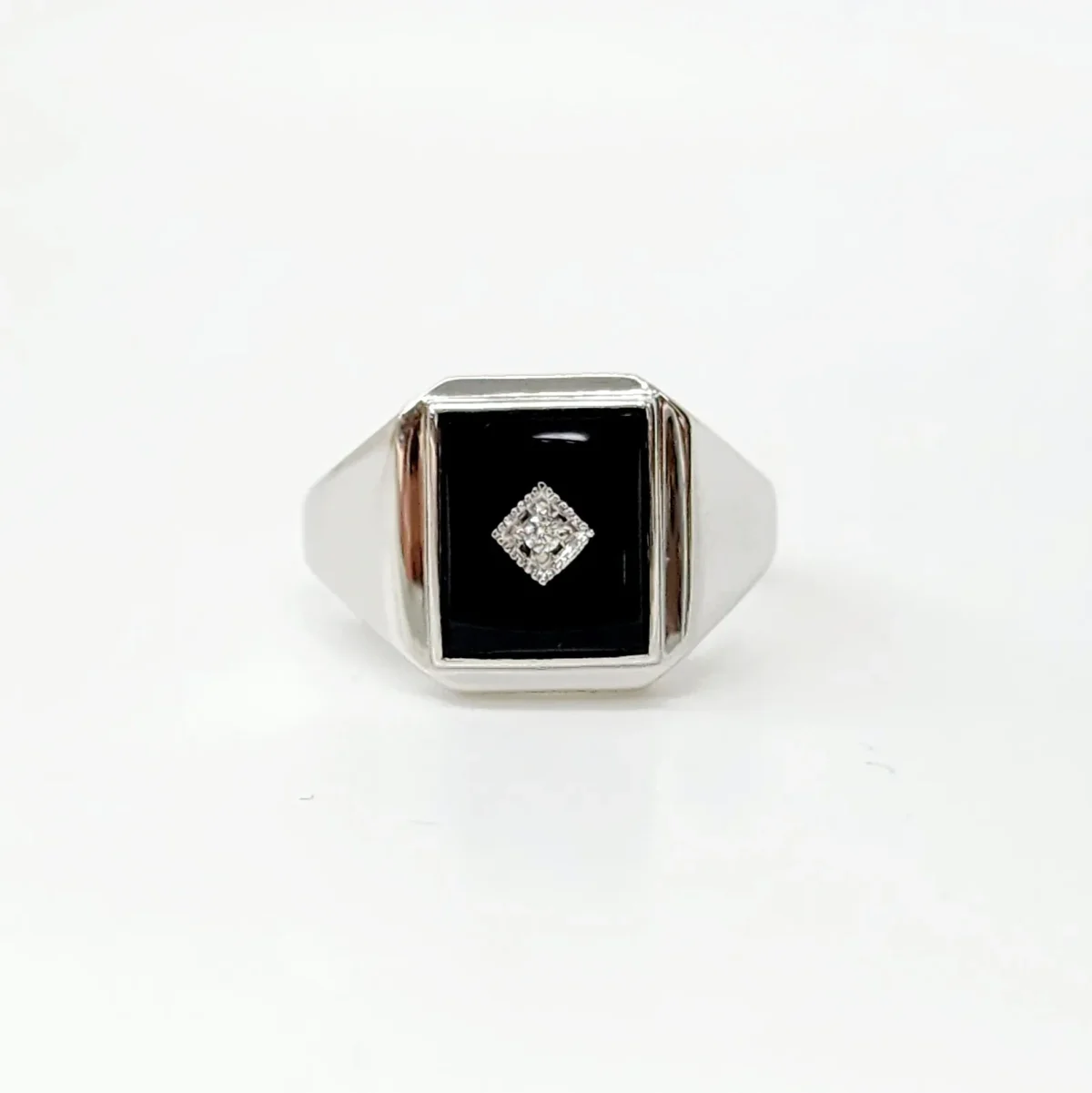 Sterling Silver 12 x 10mm Rectangle Black Onyx Gents Ring Centre Set with Cubic Zirconia
