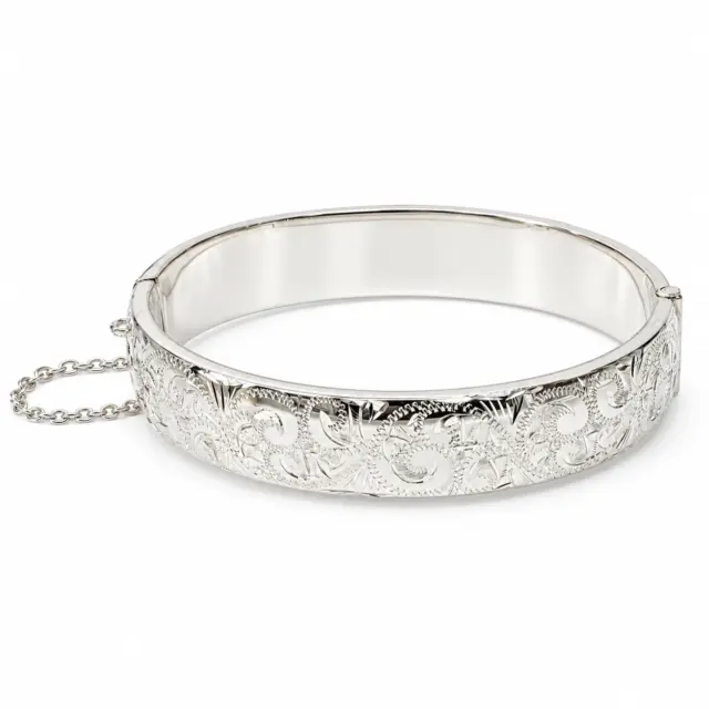 Sterling Silver 13mm Wide Engraved / Plain Hinged Oval Bangle with Safety Chain 67mm x 61mm