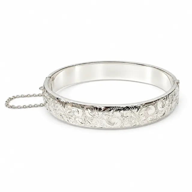 Sterling Silver 13mm Wide Engraved / Plain Hinged Oval Bangle with Safety Chain 69mm x 63mm