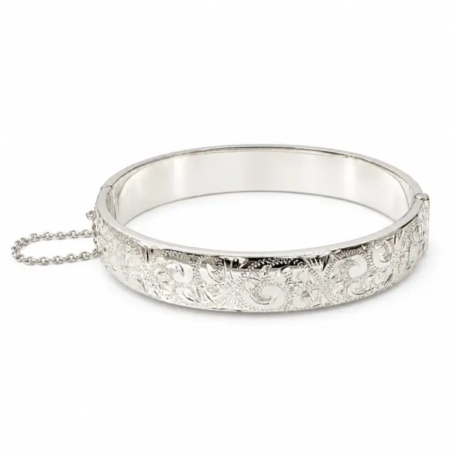 Sterling Silver 13mm Wide Engraved / Plain Hinged Oval Bangle with Safety Chain
