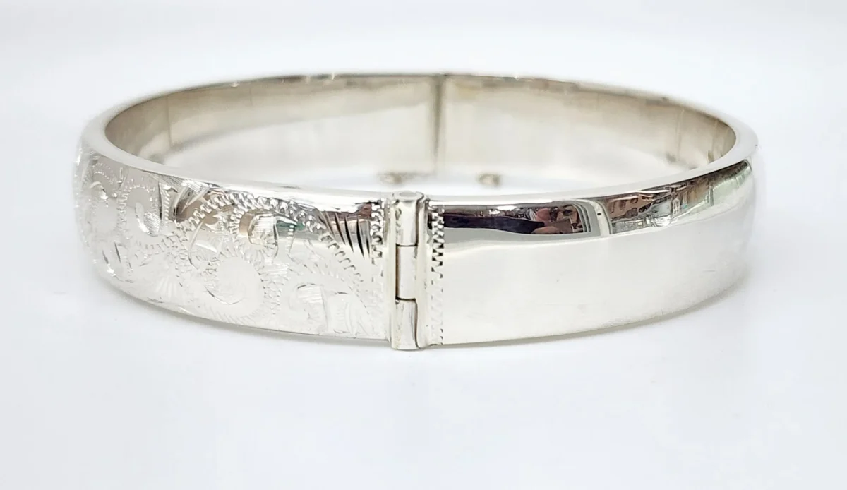Sterling Silver 13mm Wide Engraved / Plain Hinged Oval Bangle with Safety Chain 69mm x 63mm
