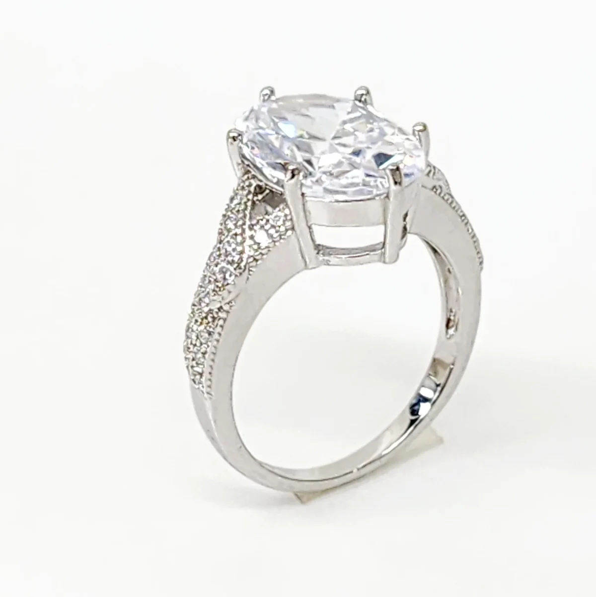 Sterling Silver 14 x 10 Oval Engagement/Dress Ring With Split Shank CZ Setting