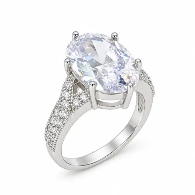 Sterling Silver 14 x 10 Oval Engagement/Dress Ring With Split Shank CZ Setting