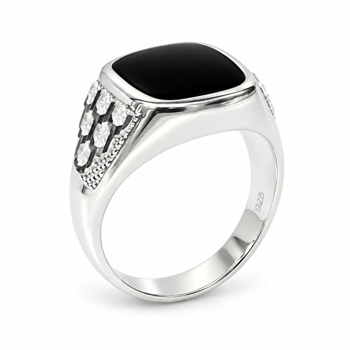 Sterling Silver 14 x 12mm Cushion Black Onyx Signet Ring