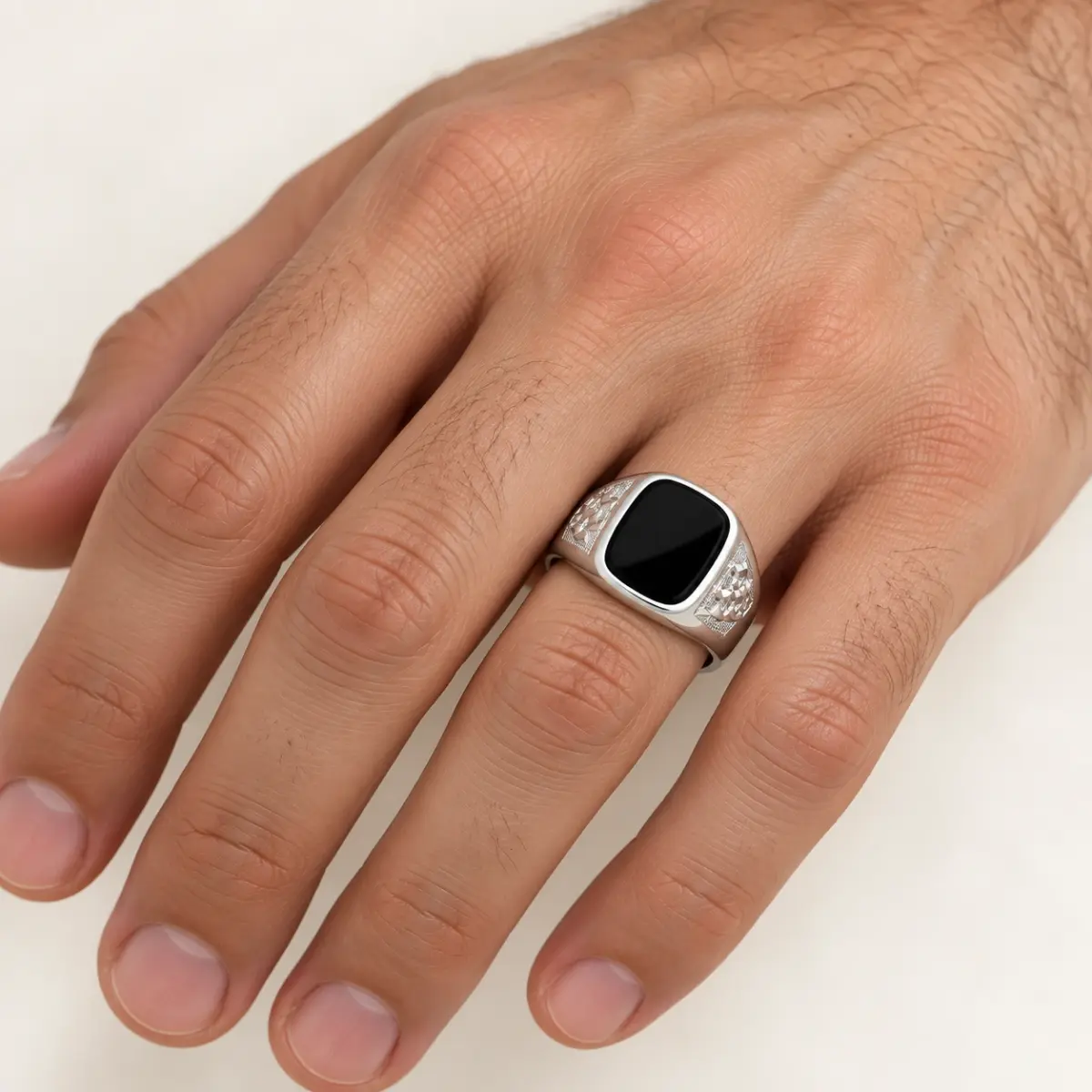 Sterling Silver 14 x 12mm Cushion Black Onyx Signet Ring