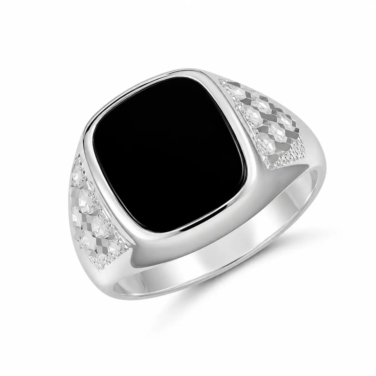 Sterling Silver 14 x 12mm Cushion Black Onyx Signet Ring