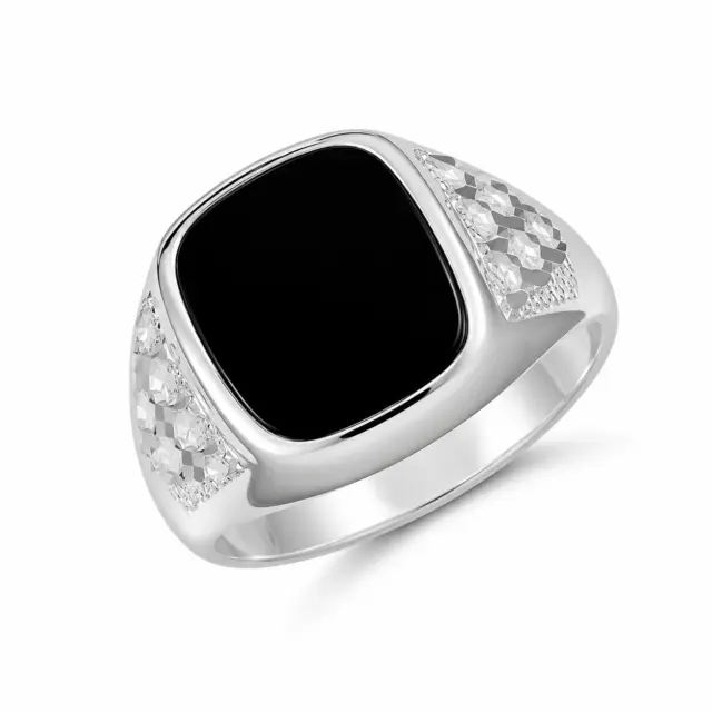Sterling Silver 14 x 12mm Cushion Black Onyx Signet Ring