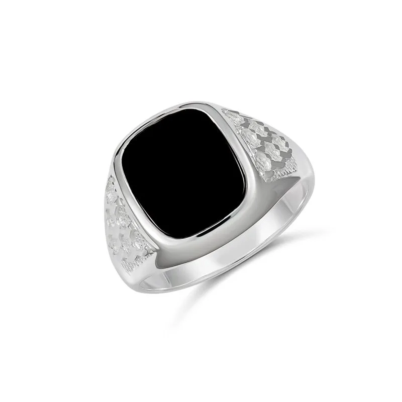 Sterling Silver 14 x 12mm Cushion Black Onyx Signet Ring