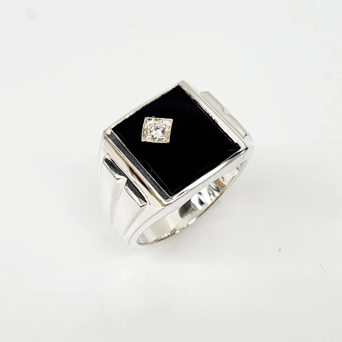 Sterling Silver 14 x 12mm Rectangle Black Onyx Gents Ring Set with Cubic Zirconia