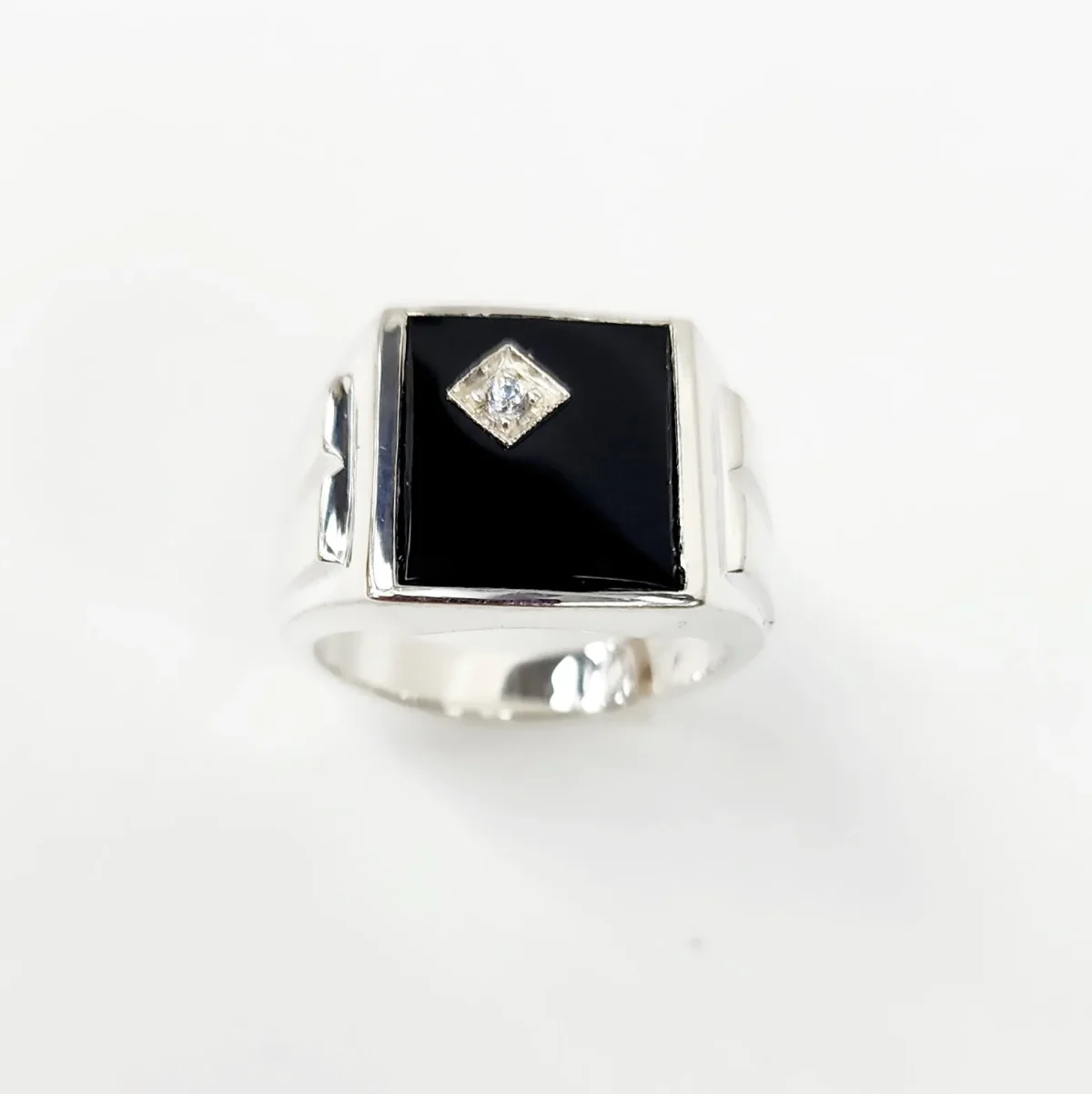 Sterling Silver 14 x 12mm Rectangle Black Onyx Gents Ring Set with Cubic Zirconia