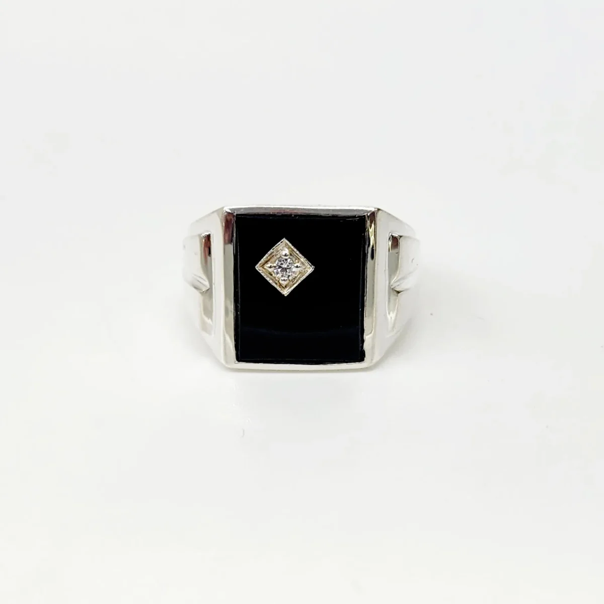 Sterling Silver 14 x 12mm Rectangle Black Onyx Gents Ring Set with Cubic Zirconia