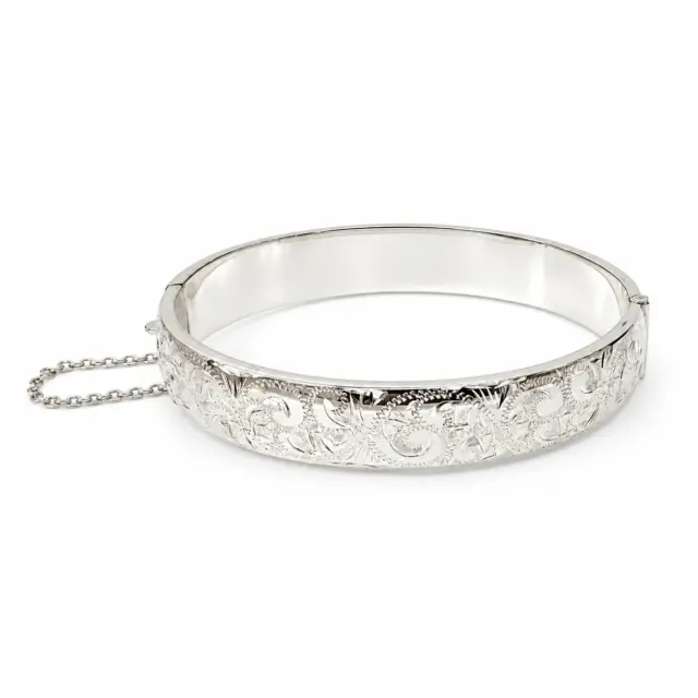 Sterling Silver 16mm Wide Engraved / Plain Hinged Oval Bangle with Safety Chain 71mm x 65mm