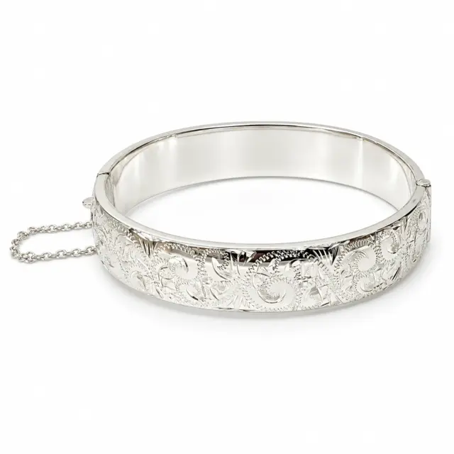 Sterling Silver 16mm Wide Engraved / Plain Hinged Oval Bangle with Safety Chain 73mm x 69mm