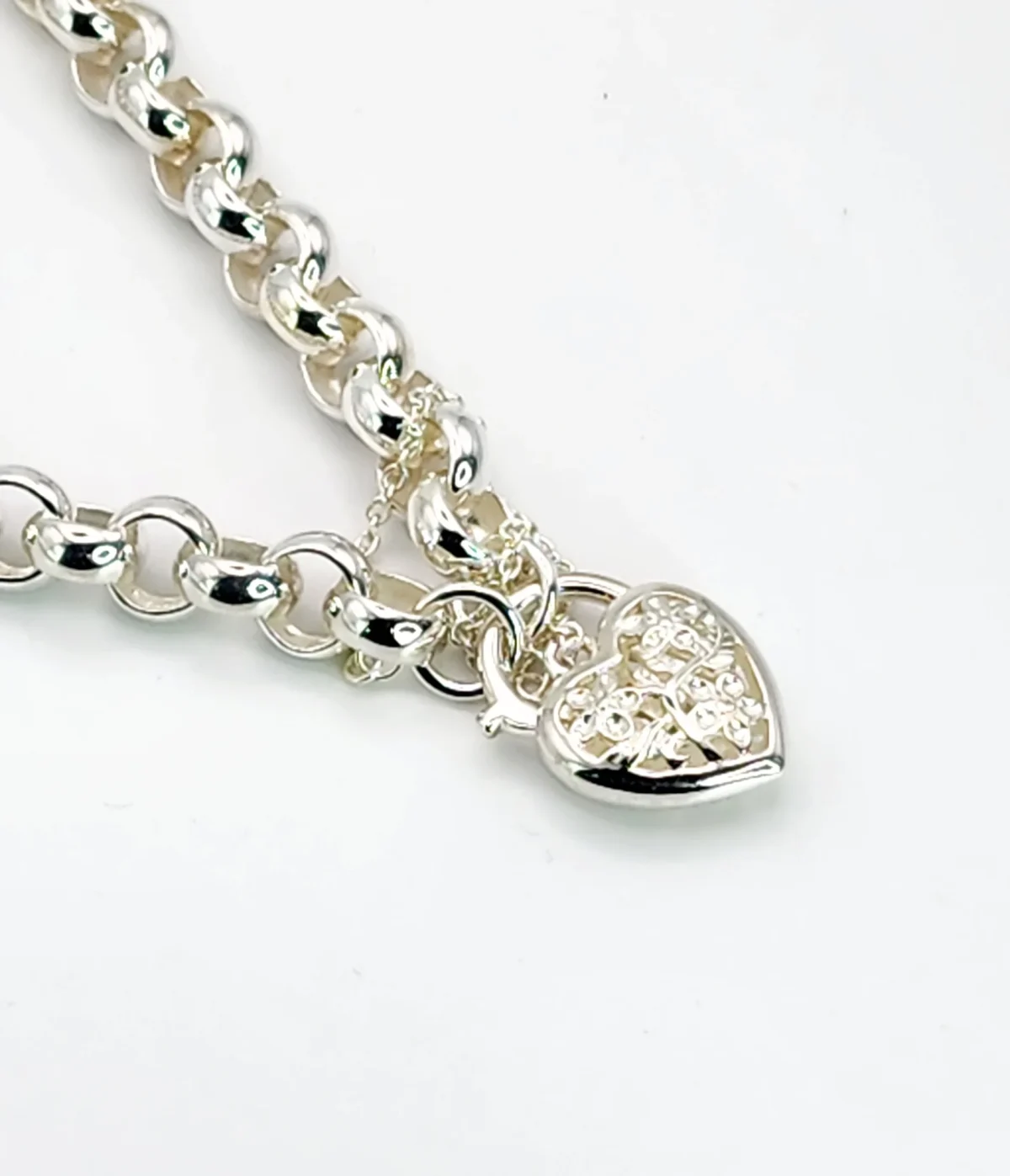 Sterling Silver 19cm Belcher Bracelet With Filigree Heart Padlock SKU-CYBA80