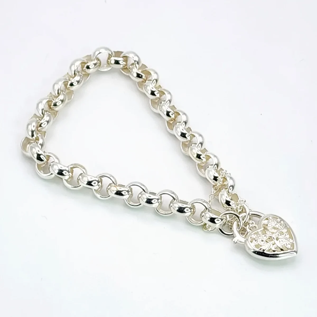 Sterling Silver 19cm Belcher Bracelet With Filigree Heart Padlock SKU-CYBA80