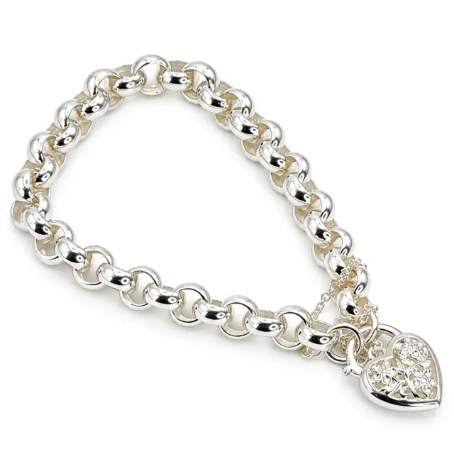 Sterling Silver 19cm Belcher Bracelet With Filigree Heart Padlock SKU-CYBA80