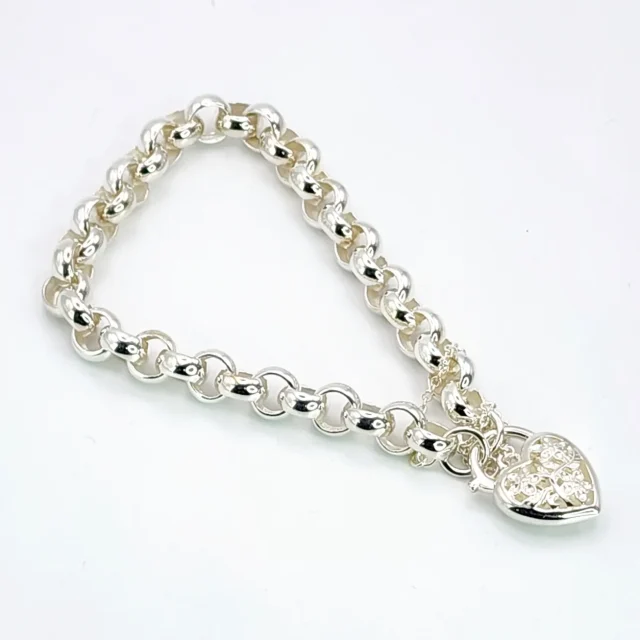 Sterling Silver 19cm Belcher Bracelet With Filigree Heart Padlock SKU-CYBA80