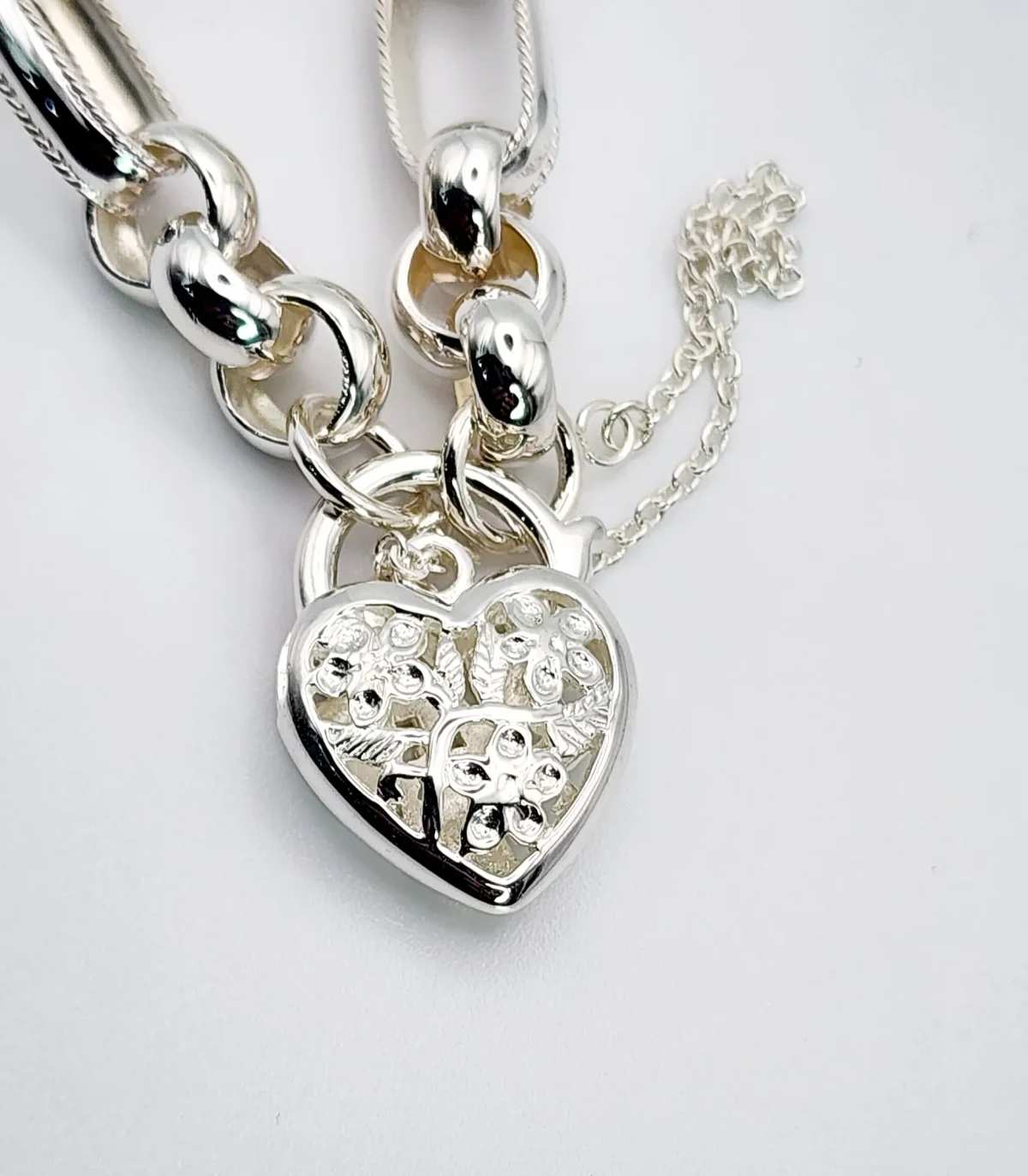 Sterling Silver 19cm Figaro Belcher Bracelet With Filigree Heart Padlock