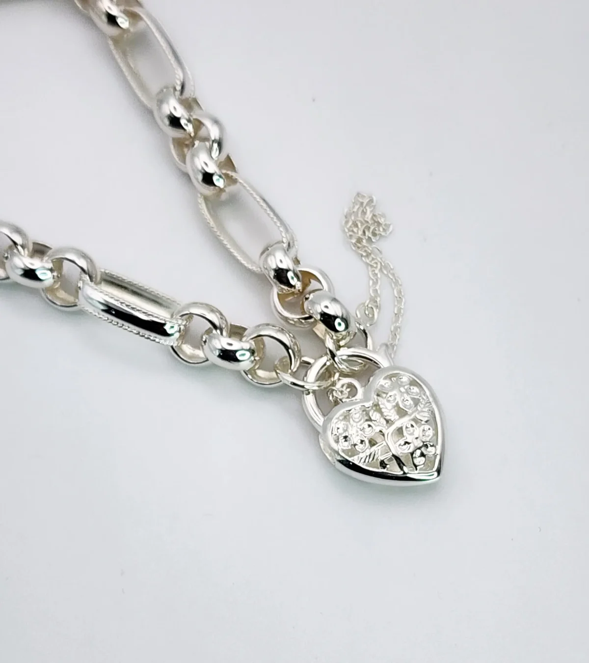 Sterling Silver 19cm Figaro Belcher Bracelet With Filigree Heart Padlock