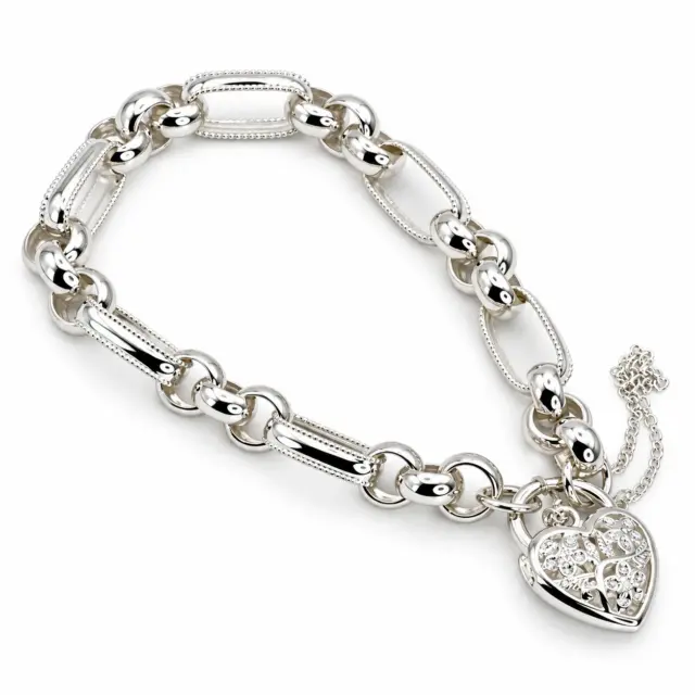 Sterling Silver 19cm Figaro Belcher Bracelet With Filigree Heart Padlock