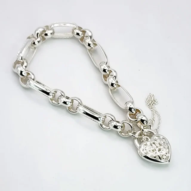 Sterling Silver 19cm Figaro Belcher Bracelet With Filigree Heart Padlock