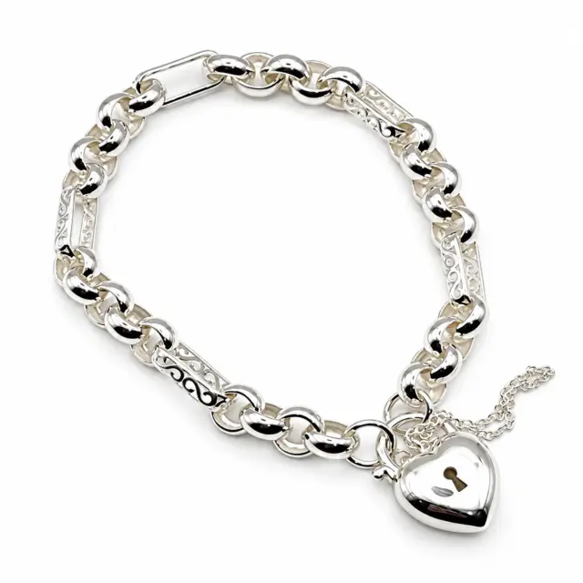 Sterling Silver 19cm Figaro Belcher Bracelet With Puff Heart Padlock