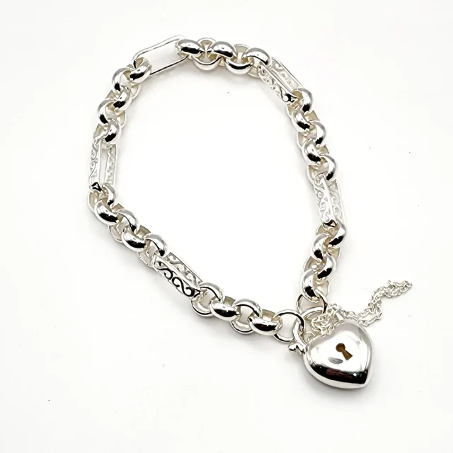Sterling Silver 19cm Figaro Belcher Bracelet With Puff Heart Padlock