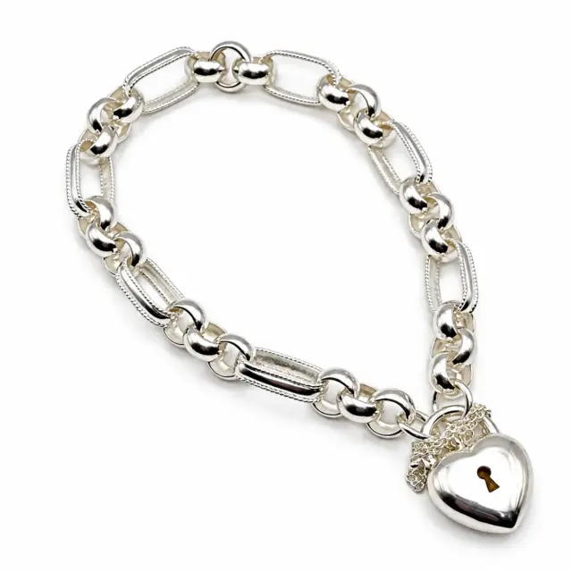 Sterling Silver 19cm Figaro Belcher Bracelet With Puff Heart Padlock