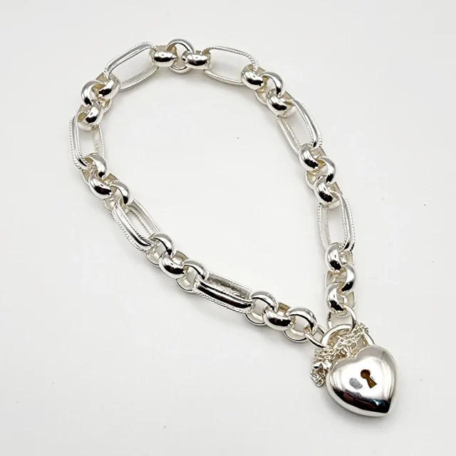 Sterling Silver 23cm Figaro Belcher Bracelet With Puff Heart Padlock