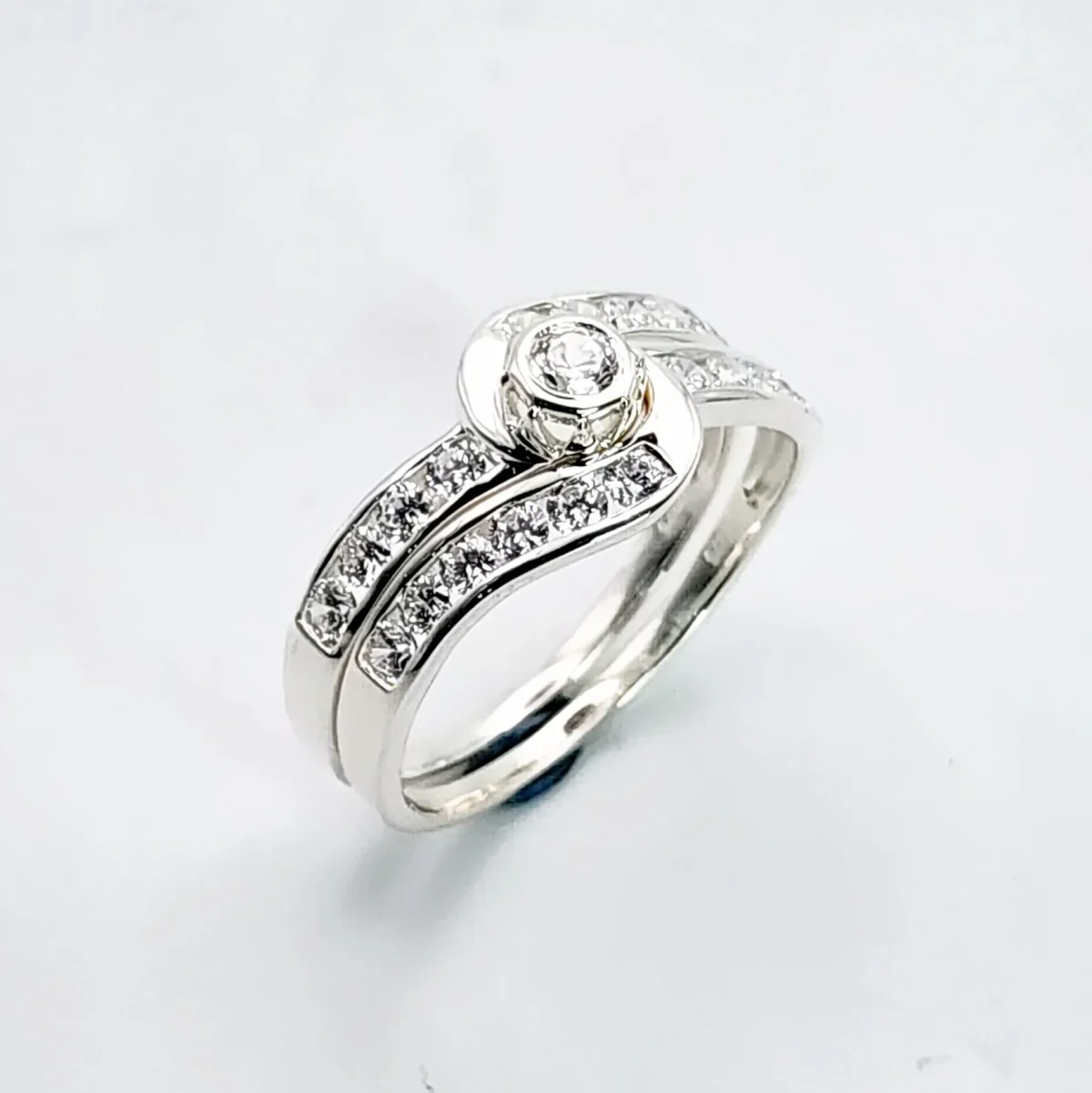 Sterling Silver 2 Piece Engagement Wedding Ring Set Channel / Rubover Setting