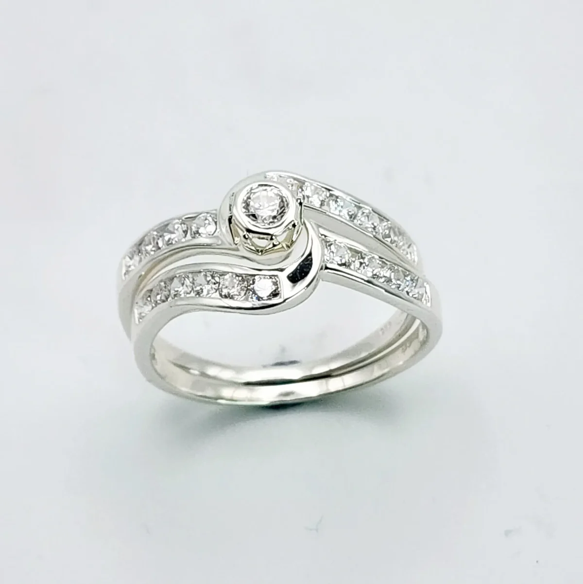 Sterling Silver 2 Piece Engagement Wedding Ring Set Channel / Rubover Setting