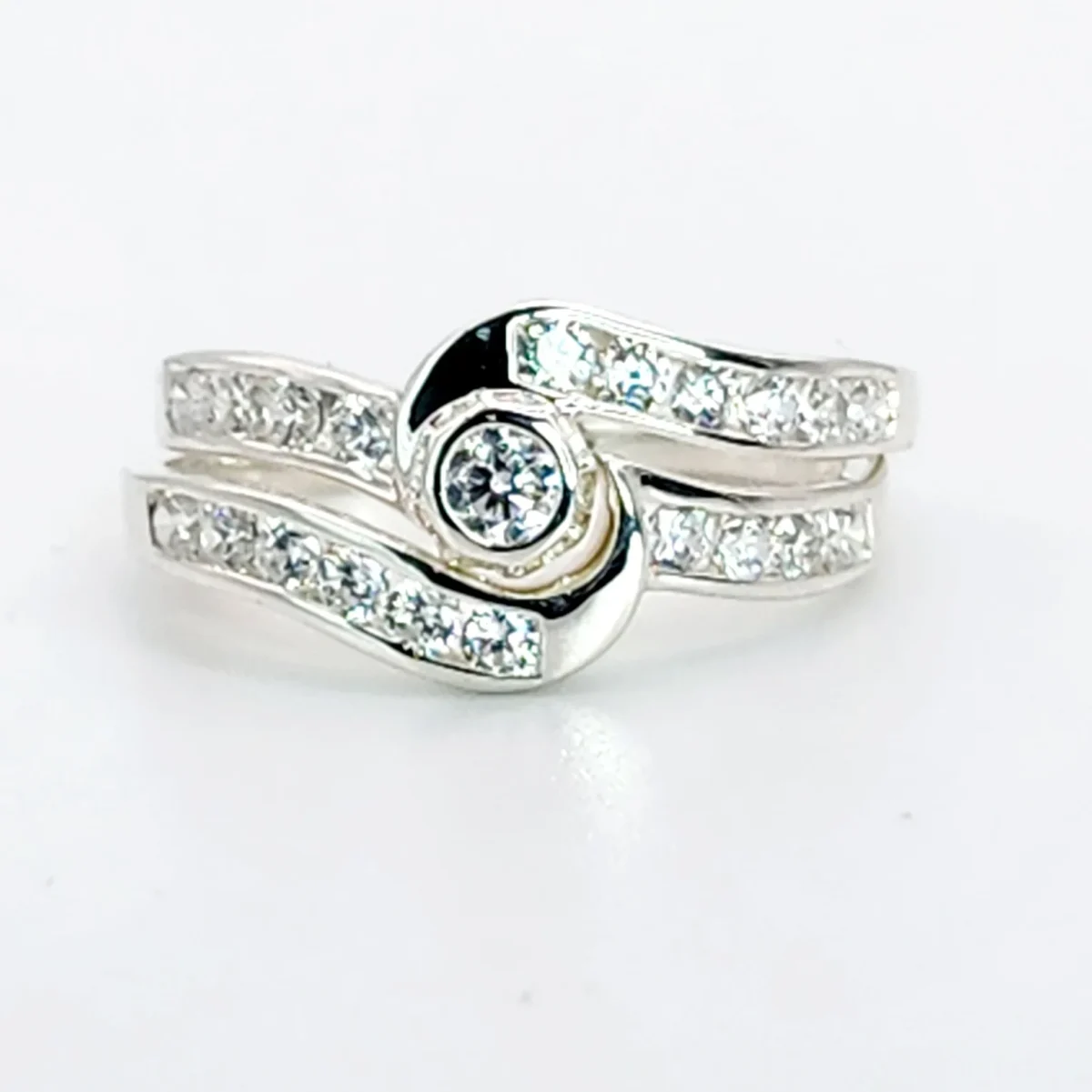 Sterling Silver 2 Piece Engagement Wedding Ring Set Channel / Rubover Setting