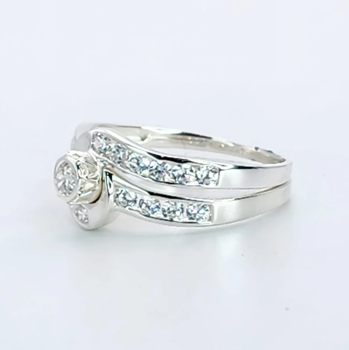 Sterling Silver 2 Piece Engagement Wedding Ring Set Channel / Rubover Setting