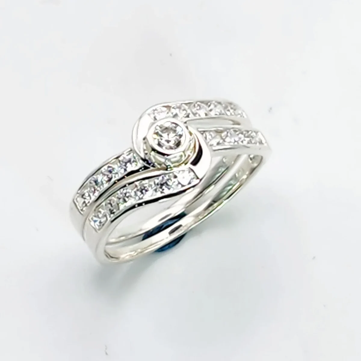 Sterling Silver 2 Piece Engagement Wedding Ring Set Channel / Rubover Setting