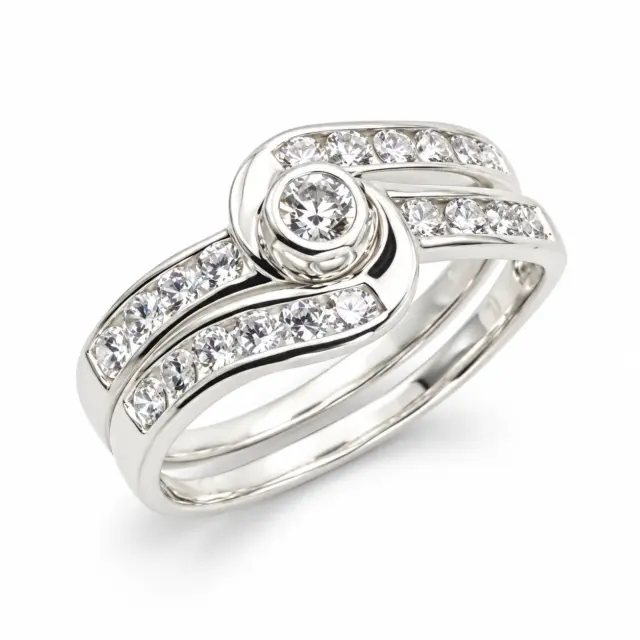 Sterling Silver 2 Piece Engagement Wedding Ring Set Channel / Rubover Setting