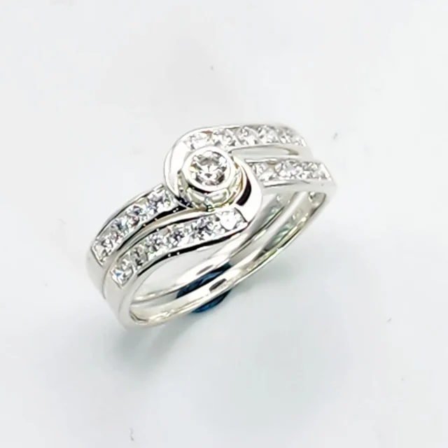 Sterling Silver 2 Piece Engagement Wedding Ring Set Channel / Rubover Setting