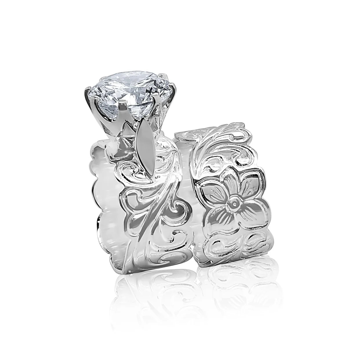 Sterling Silver 2 Piece Hawaiian Cutout Design Ring 10mm Wide With 11mm Cubic Zirconia