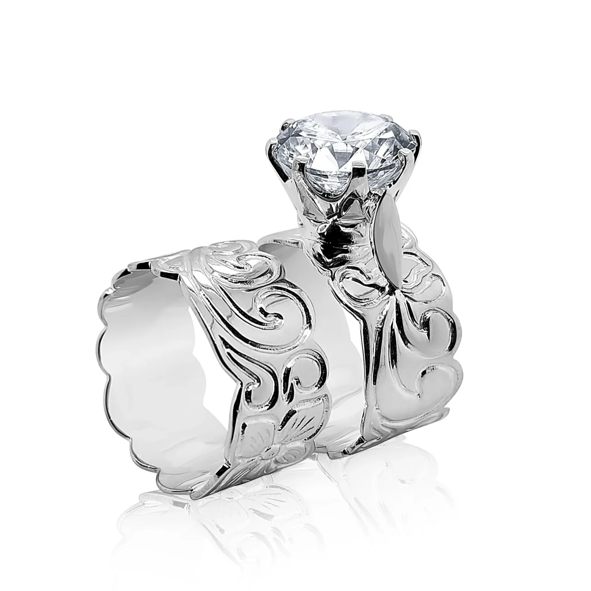 Sterling Silver 2 Piece Hawaiian Cutout Design Ring 10mm Wide With 11mm Cubic Zirconia